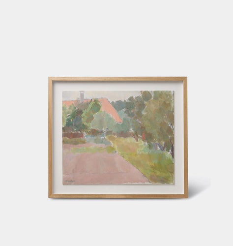 Pink Roof Vintage Framed Original Oil Landscape Painting by Sven Weistad 1950