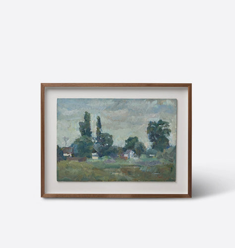 Village Trees Vintage Original Oil Landscape Painting by R. Kutnyak 1992